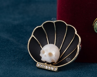 skull carved pearl brooch handmade brooch shell shape gothic jewelry for wedding Memento Mori Mourning Jewelry