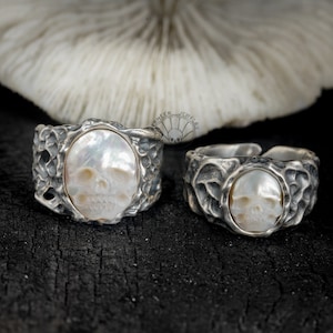 skull Couple Rings, pearl Matching Rings, sterling Silver Men & Women Wedding Band Open Back Size Adjustable Matching Promise Rings Her Him