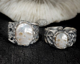 skull Couple Rings, pearl Matching Rings, sterling Silver Men & Women Wedding Band Open Back Size Adjustable Matching Promise Rings Her Him
