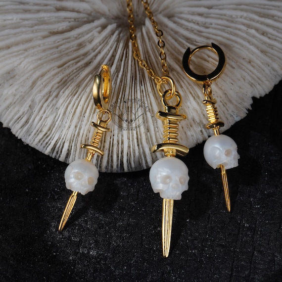 Skull Pearl Sword Jewelry Set: Sterling Silver Gothic Necklace & Earrings