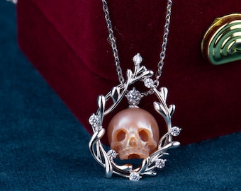 skull necklace Wreath shape two ways for wear sterling silver with zircon handcarved freshwater pearl gothic jewelry gift for wedding