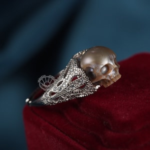 pearl skull ring Victorian jewelry  sterling silver rings gothic dark jewelry engagement ring for wedding Memento Mori Mourning Jewelry
