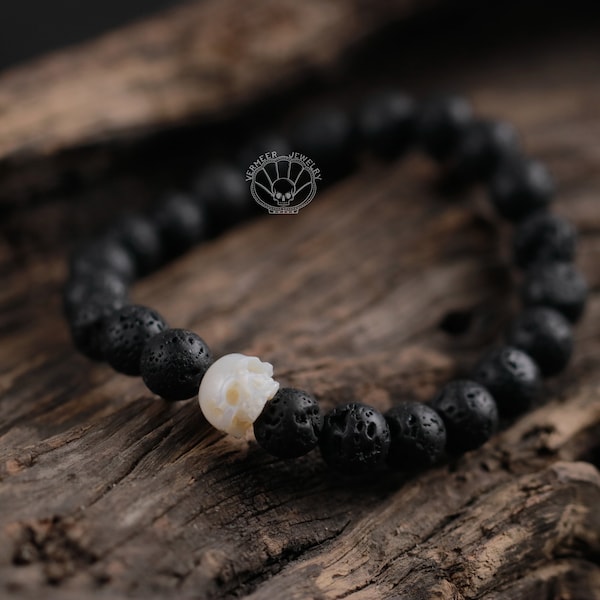 skull carved pearl bracelet  ivory freshwater pearl black volcano stone energy bracelet Memento Mori Mourning Jewelry