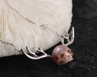Skull Carved Pearl Necklace Gift for Her Deer Horn Shape Handmade Halloween Necklace 925sterling Silver Necklaces for Women Gothic Jewelry