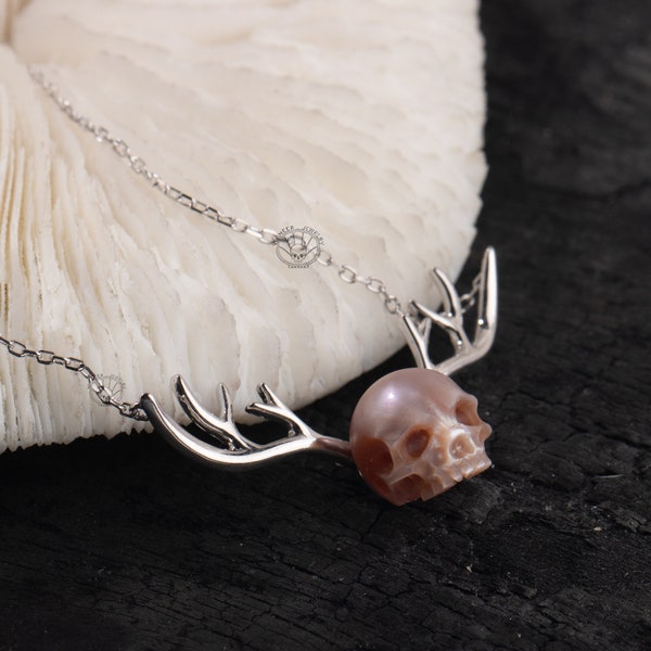 Skull Carved Pearl Necklace Gift for Her Deer Horn Shape Handmade Halloween Necklace 925sterling Silver Necklaces for Women Gothic Jewelry