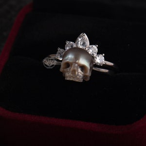 Pearl Skull Ring ''Be My Queen'' with Crown 2 Pieces Silver Rings Gift for Her Gothic Jewelry Statement Ring stackable ring for Women grey