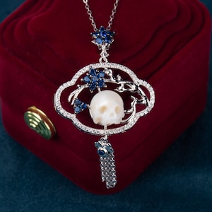 Handmade Skull Carved Pearl 925 Sterling Silver Necklace: Gothic Zircon Jewelry