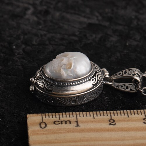 Skull pearl locket shops necklace, sterling silver photo box ,ashes keeper,memory gift for lover anniversary gift