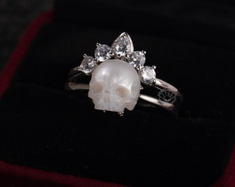 Anillo de calavera de perlas ''Be My Queen'' con corona 2 piezas Anillos de plata Regalo para su joyería gótica Anillo de declaración anillo apilable para mujeres