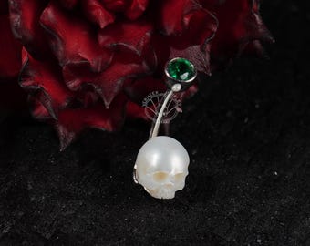 Piercing para el ombligo de plata de ley de 14 g: barra de calavera con perla tallada a mano