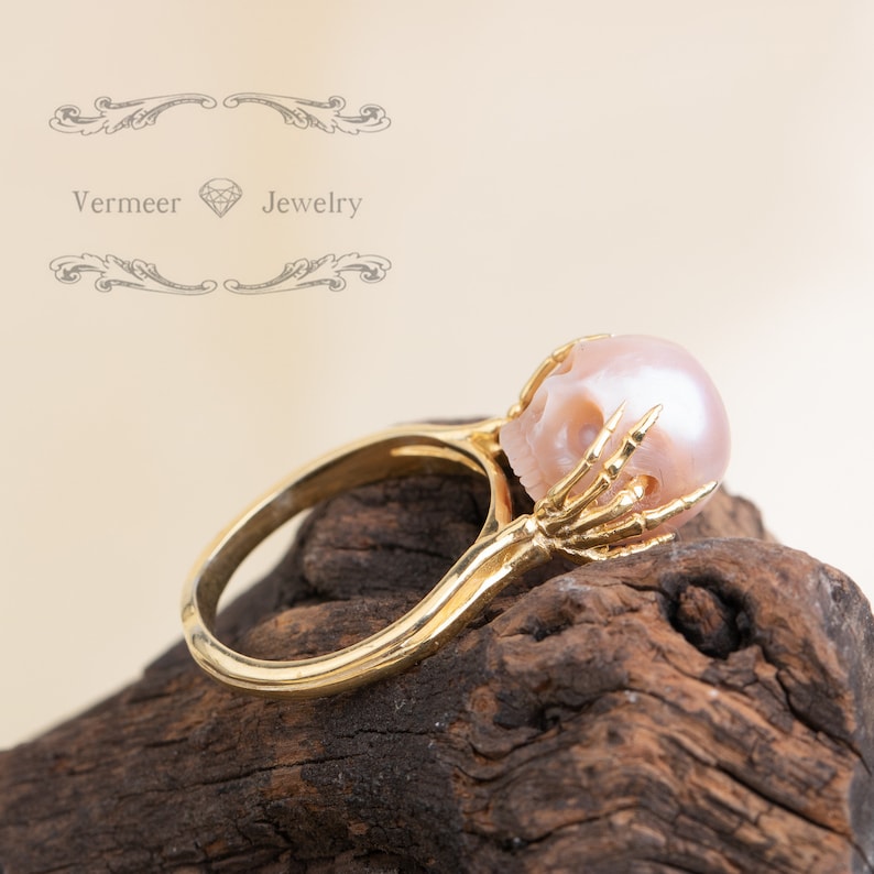 skull pearl ring ''be a thinker''freshwater pearl handcarved skull ring proposal ring 925 silver gothic statement ring wedding claddagh ring image 7