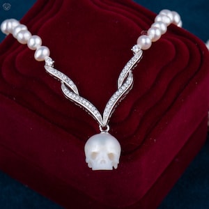 Wedding Necklaces for Women Skull Carved Pearl Necklace Gift for Her V Shape Classic Handmade Dainty Necklace 925sterling Silver Necklace