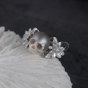 Marquise Diamond ring  skull carved pearl ring natural freshwater pearl handmade 925silver engagement ring with zircon for wedding