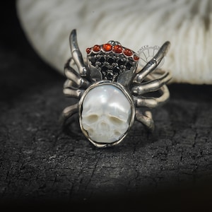 Skull Spider Ring: Sterling Silver, Pearl Skull, Gothic Jewelry