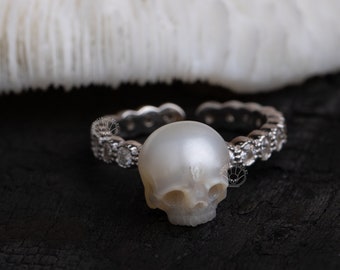handmade skull ring with zircon carved freshwater pearl 925silver ring wedding statement ring for wedding Memento Mori Mourning Jewelry