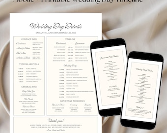 Plantilla de cronología del día de la boda para dispositivos móviles, cronología de la boda editable, cronología de la recepción, cronología del fin de semana de la boda, cronología de la fiesta nupcial