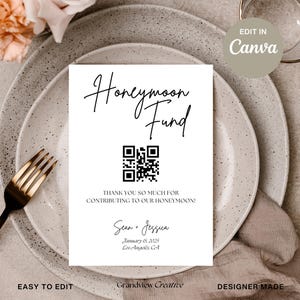 Cartello con codice QR per fondo luna di miele, cartello con fondo luna di miele per matrimonio, codice QR Venmo, cartello per matrimonio moderno, matrimonio moderno, modello modificabile