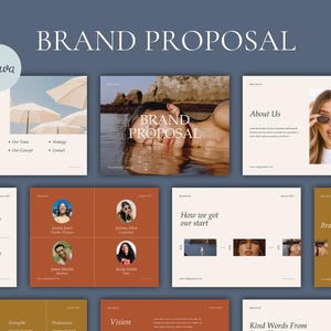 May include: A brand proposal presentation template with a light brown background. The template includes a table of contents, about us, how we got our start, brand proposal, vision, and kind words from. The template also includes images of people and a beach scene.