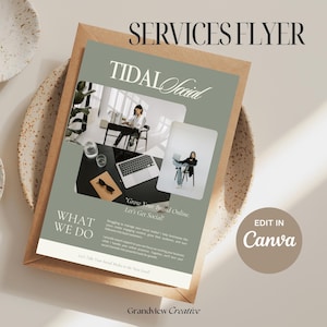 May include: A green and white flyer with the text "TIDAL Social" and "Grow Your Brand Online. Let's Get Social!"  The flyer also includes the text "WHAT WE DO" and "EDIT IN Canva".