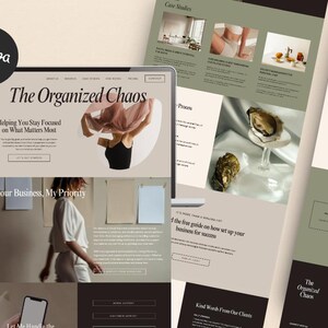 May include: A website homepage for a business called "The Organized Chaos" that helps people stay focused on what matters most. The website features a light brown background with a light green header and a dark brown footer. The website also features a variety of images, including a woman wearing a black shirt and a pink scarf, a woman wearing a white shirt, and a close-up of an oyster.