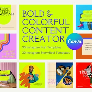 BRIGHT & COLORFUL BUNDLE, Retro Instagram Post Story, Reels Templates for Canva, Bright Design Modern Branding, Abstract Creative Content