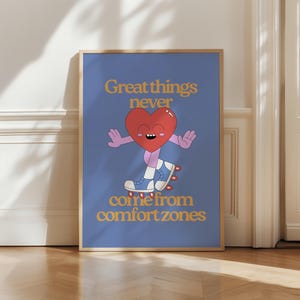 Las cosas buenas nunca surgen de las zonas de confort, arte de pared imprimible digital, arte de pared descargable con emociones de personajes de dibujos animados, arte infantil Montessori