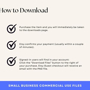 May include: A white background with black text explaining how to download digital files from Etsy. The text includes the words "How to Download", "Purchase the item", "Etsy confirms your payment", "Signed-in users", "Download Files", "Etsy Guest checkout", and "PNG file".