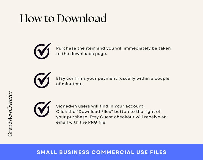 May include: A white background with black text explaining how to download digital files from Etsy. The text includes the words "How to Download", "Purchase the item", "Etsy confirms your payment", "Signed-in users", "Download Files", "Etsy Guest checkout", and "PNG file".