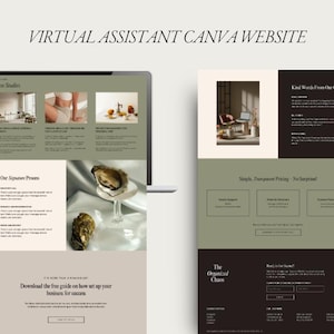 May include: A website mockup for a virtual assistant business called "The Organized Chaos". The website features a green and brown colour scheme with images of a desk, a laptop, and a bowl of oysters. The website also includes text about the business's services, pricing, and testimonials.