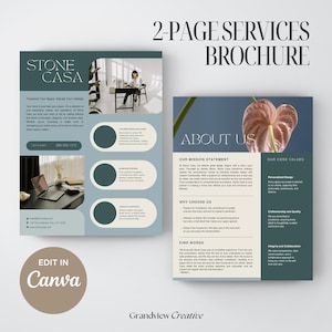May include: A two-page brochure for Stone Casa, an interior design company. The brochure features a modern design with a blue and green color scheme. The front page has the company logo and contact information. The back page has the company's mission statement, core values, and reasons to choose them. The text "Edit in Canva" is in a circle at the bottom of the page.