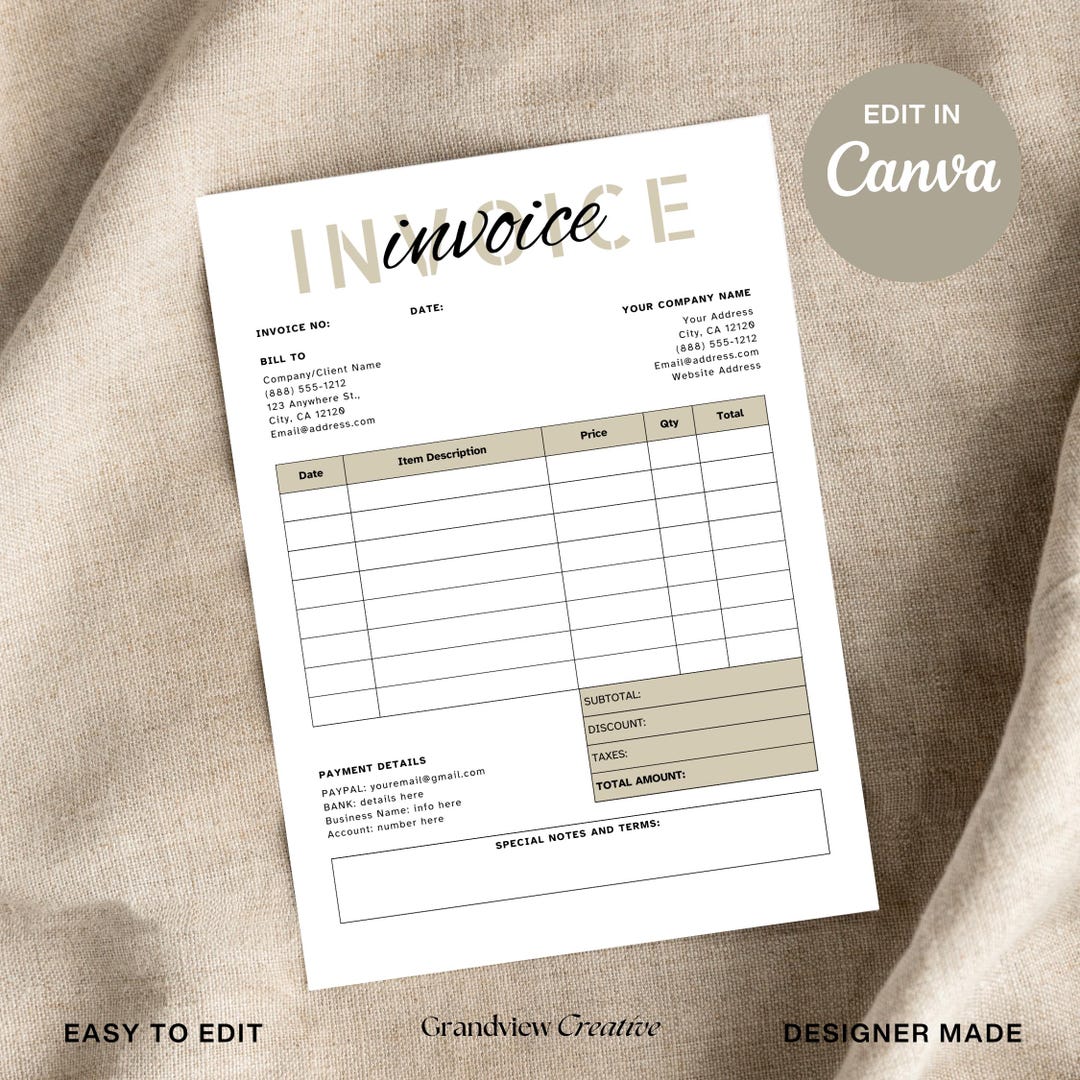 Invoice Template Editable, Small Business Custom Order Form Printable ...