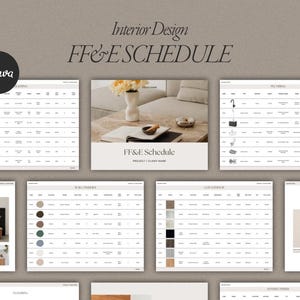 May include: Interior design FF&E schedule template with a table of contents, a sample room layout, and several pages of tables for listing furniture, fixtures, and equipment. The template includes sections for lighting, plumbing, wall coverings, countertops, and flooring.