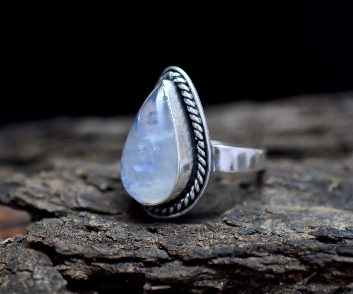 Rainbow Moonstone Silver Ring Pear Shape Ring Sterling | Etsy