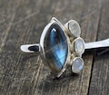 Natural Labradorite and Rainbow Moonstone Silver Ring - Boho Ring - Birthstone Ring - Sterling Silver Ring - Gemstone Ring - Stacking Ring product logo