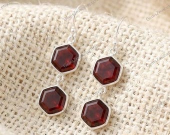 Red Garnet Hexagon Drop Earrings in Sterling Silver or Gold Vermeil | Geometric Double Hexagon Dangle Earrings | January Birthstone Gift