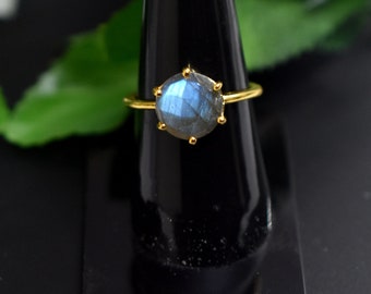 Labradorite Stacking Ring, Gold Vermeil Ring, Round Checker Cut Ring, Gold Band, Anniversary Ring, Fashion Ring, HANDMADE, Gold Plated