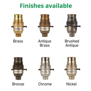 May include: Six lamp holder finishes are displayed: brass, antique brass, brushed antique, bronze, chrome, and nickel. The text "Finishes available" is at the top. Each holder has the "ElekTek" brand name.