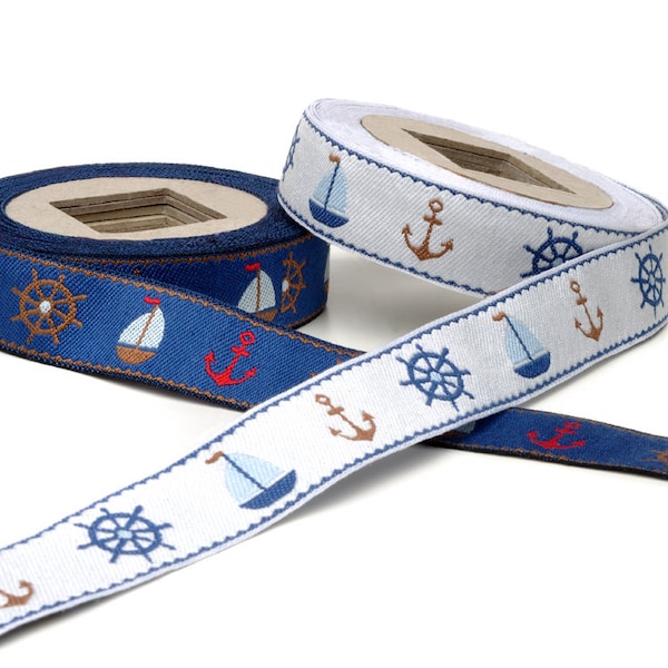 Maritim 01, Webband, Meterware, Borte, gewebtes Jacquard Band 100 % Baumwolle Baumwollband Anker Steuerrad Segelschiff, Tischdeko