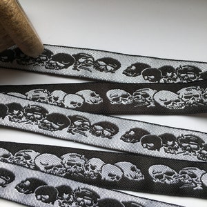 Skulls, woven ribbon in 20 mm, sold by the meter, border woven jacquard ribbon 100% cotton cotton ribbon