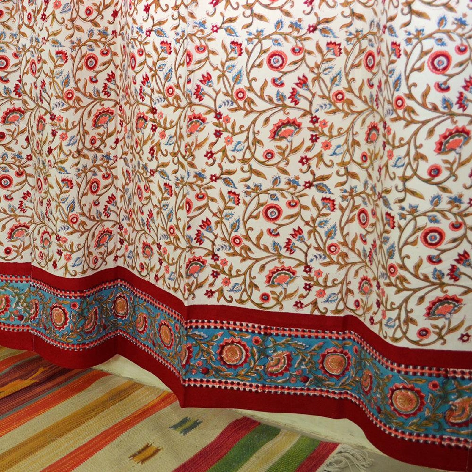 Ethnic Rajasthan Cotton Curtain Red Brown Floral Bel Block Etsy