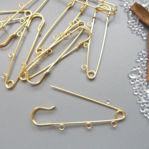 Large 70mm safety pin KILT BROOCHES with 3 loops,  Gold Metal Colour, Make yr own Brooch, choose amount