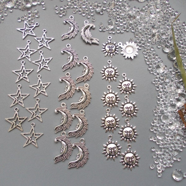 Choose Star, Moon, Sun charms, Tibetan style silver colour pendants, craft jewellery making charm