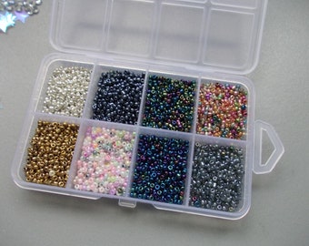 Small Handy Box of 2mm Metallic Seed Beads,  Bead Making Glass beads, 8 colours