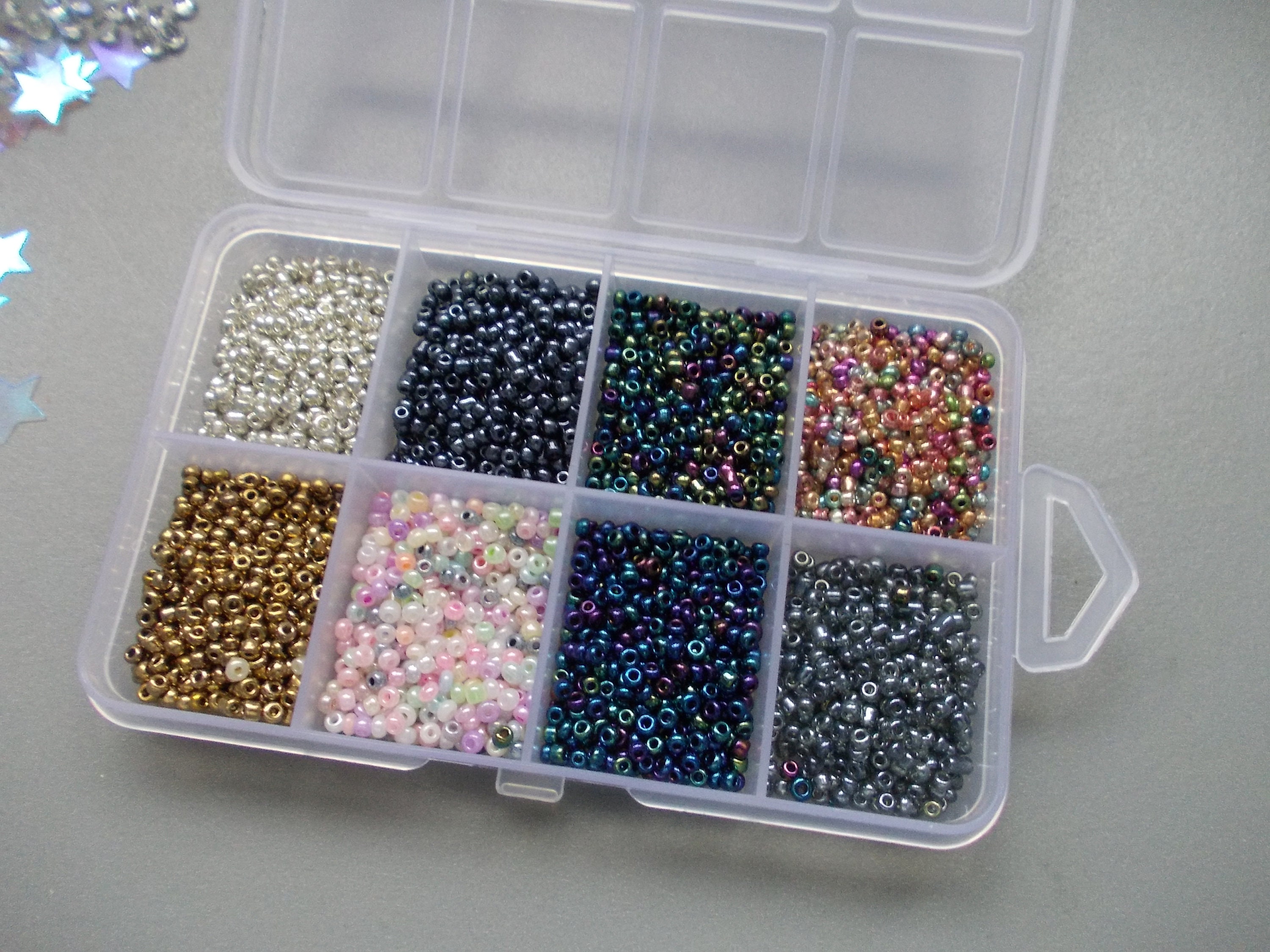 15 Colours of 2mm Seed Beads in a Plastic Sectioned Box 