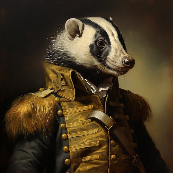 Badger Digital Print - Military Animal Portraits - Classical Renaissance Animal - Animal Army Portrait - Animal Officer Portrait