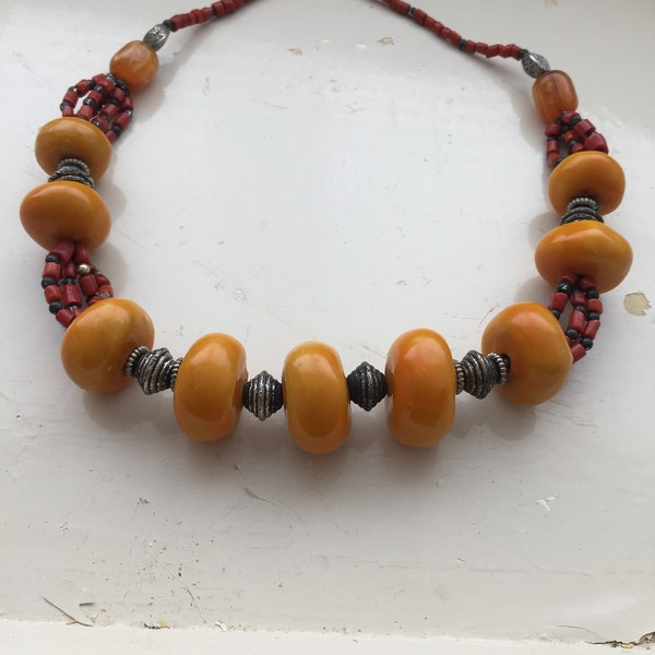 Berber style necklace with faux large amber beads