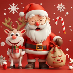 3D Digital Christmas Card – Santa Claus and Reindeer – Christmas Greetings to Download and Print – Ideal for Christmas 2023