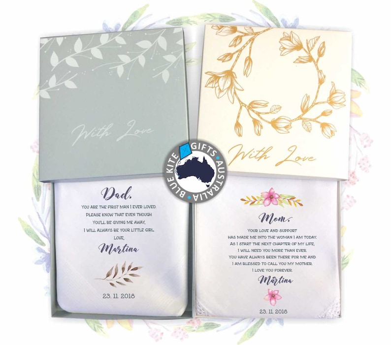 CUSTOM MESSAGE #23 Wedding Handkerchief For Mother and Father Wedding Gift For Parents Gift Set Personalised Gift Thank you Gift
