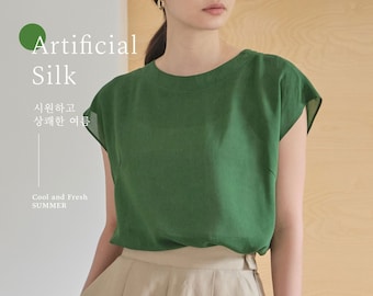 Women's Short Sleeve Blouse Gyeongsangbuk-do local specialty Artificial Silk Blouse Oversize Blouse TETEROT SALON Triangle Green 풍기인견 삼각무 그린