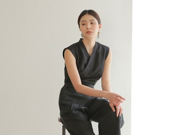 Women&#39;s Sleeveless Linen wrap Blouse  Korean Modern Hanbok Blouse Ladies Top Jeogori, TETEROT SALON Midsummer Blouse 2colors 한여름 민소매블라우스